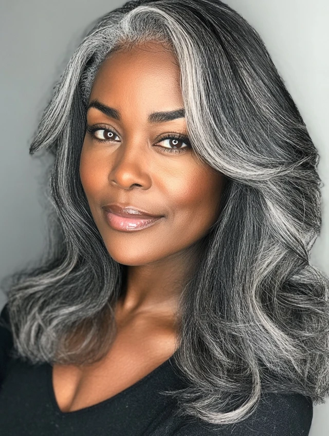 Black woman with salt and pepper balayage hairstyle