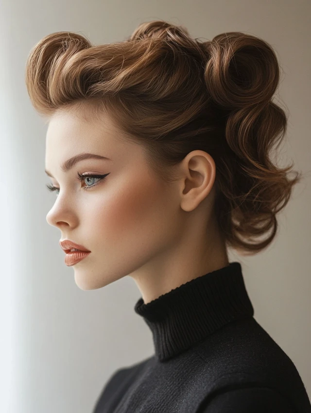 A young woman with short hair with Sassy Side Ponytail worn high on head