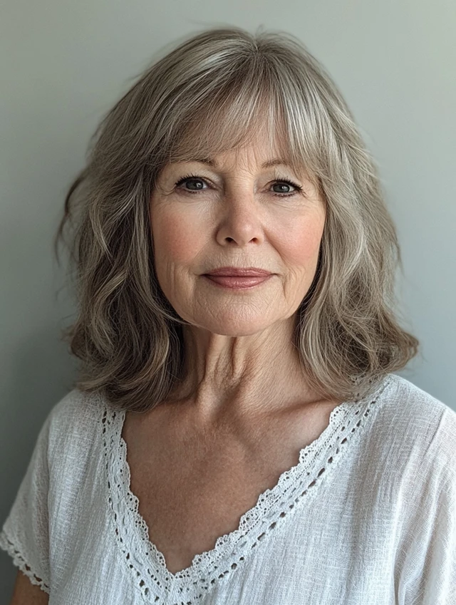 A woman over 60 with a shag hairstyle with curtain bangs