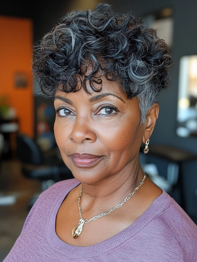 A woman over 60 with a shag hairstyle with tapered ends