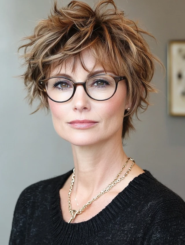 A woman over 40 and wearing glasses with a shaggy pixie cut with textured layers