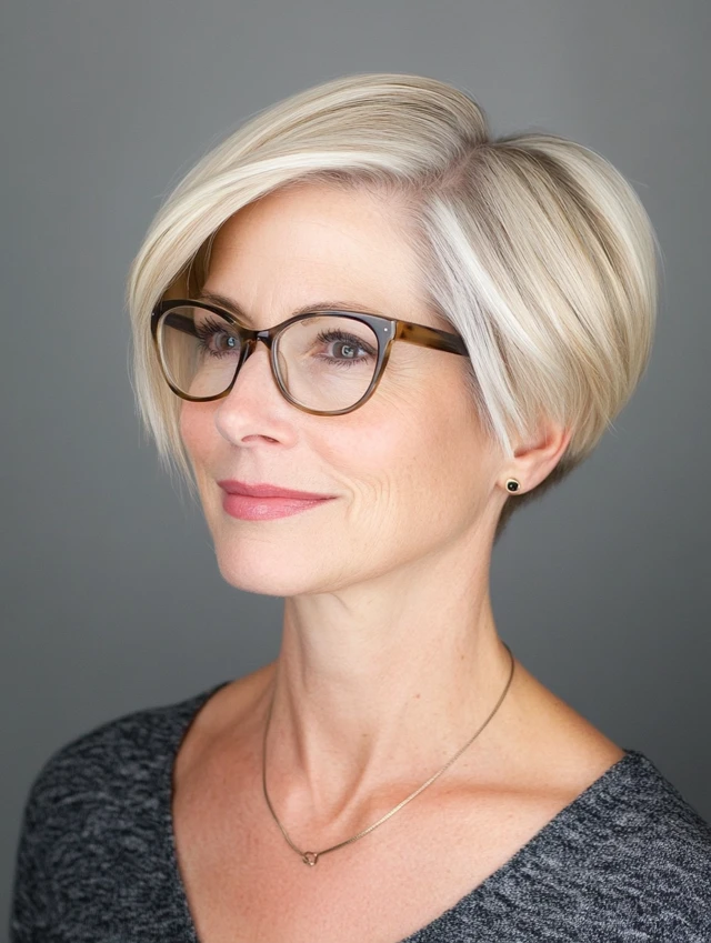 A 40+ woman wearing glasses with a Short Bob with Tapered Back hairstyle