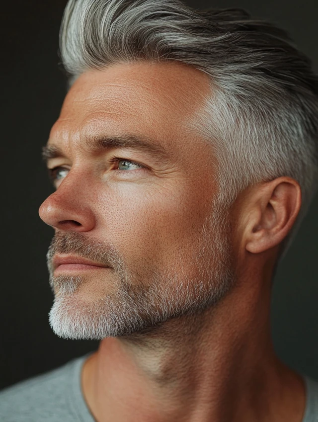 A man over 40 with a short brush up hairstyle