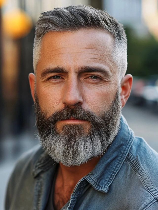 A man over 40 with a short buzz cut with beard