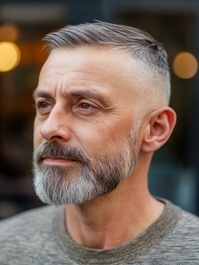 A man over 40 with a short comb over fade hairstyle