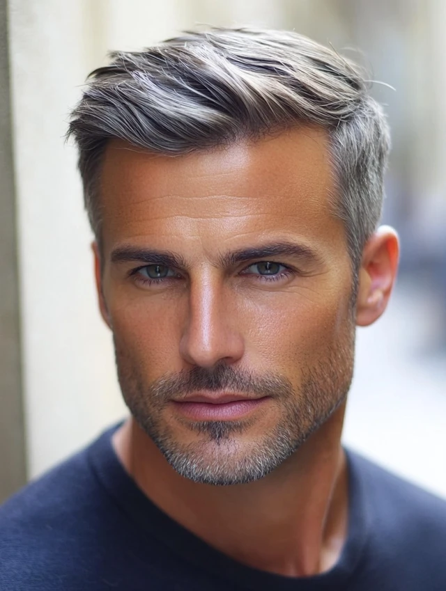 A man over 50 with thinning hair with a short comb over