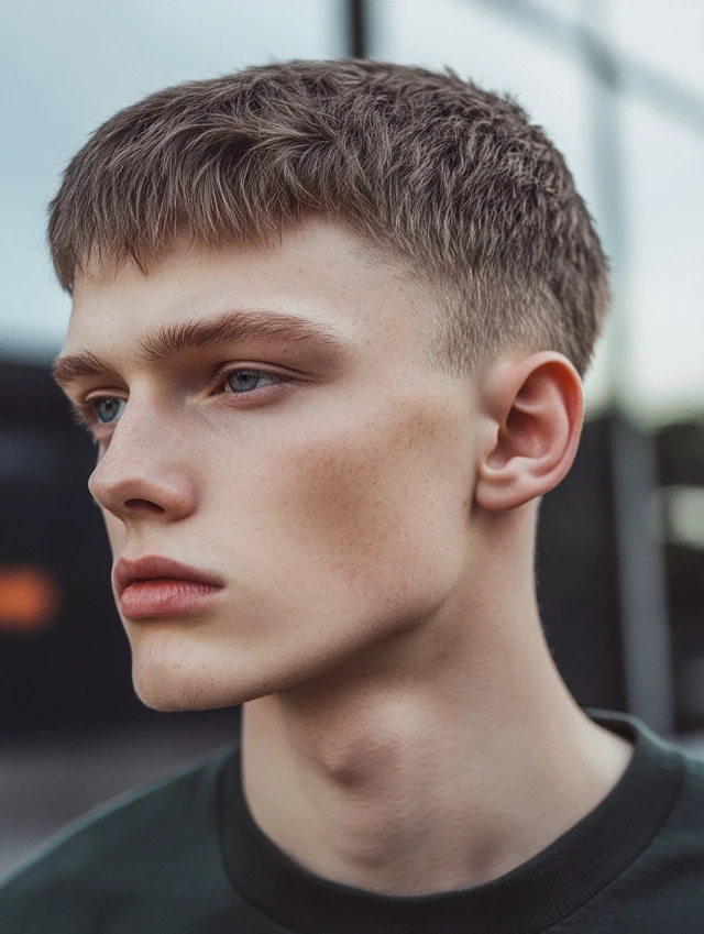 A young man with a short crew cut
