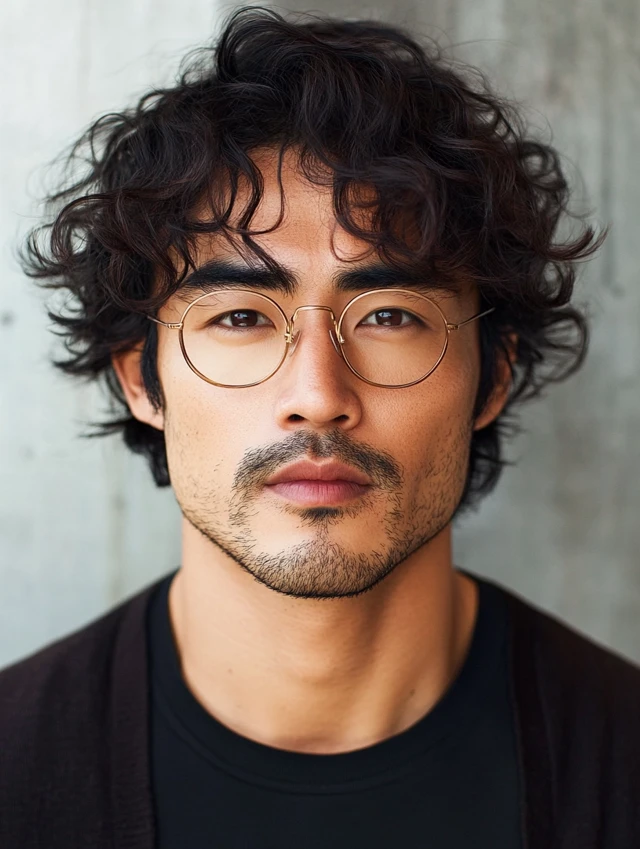 A man over 40 with a short curly fringe