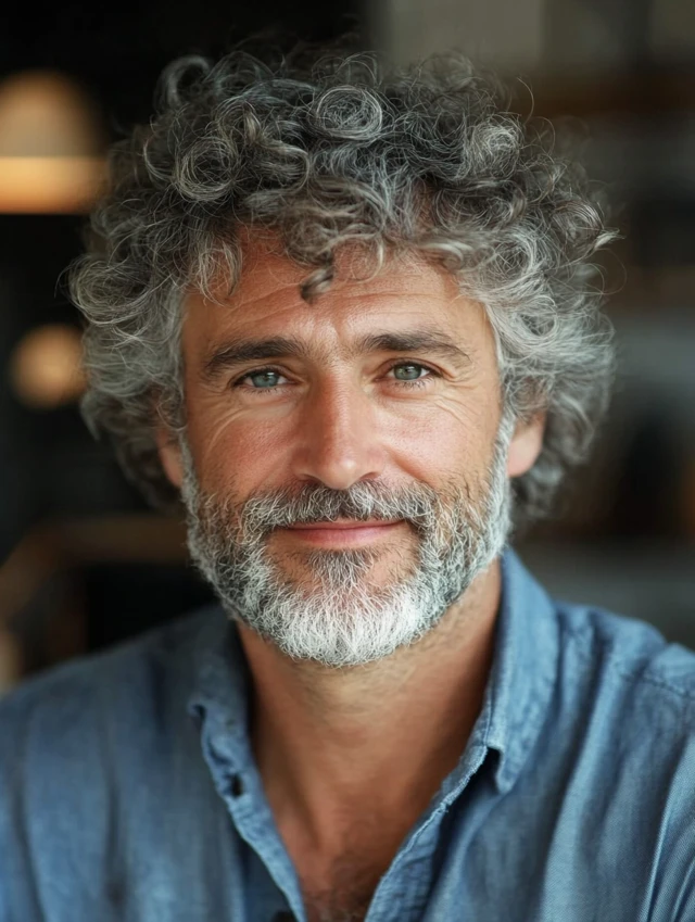A man over 50 with a short curly fringe