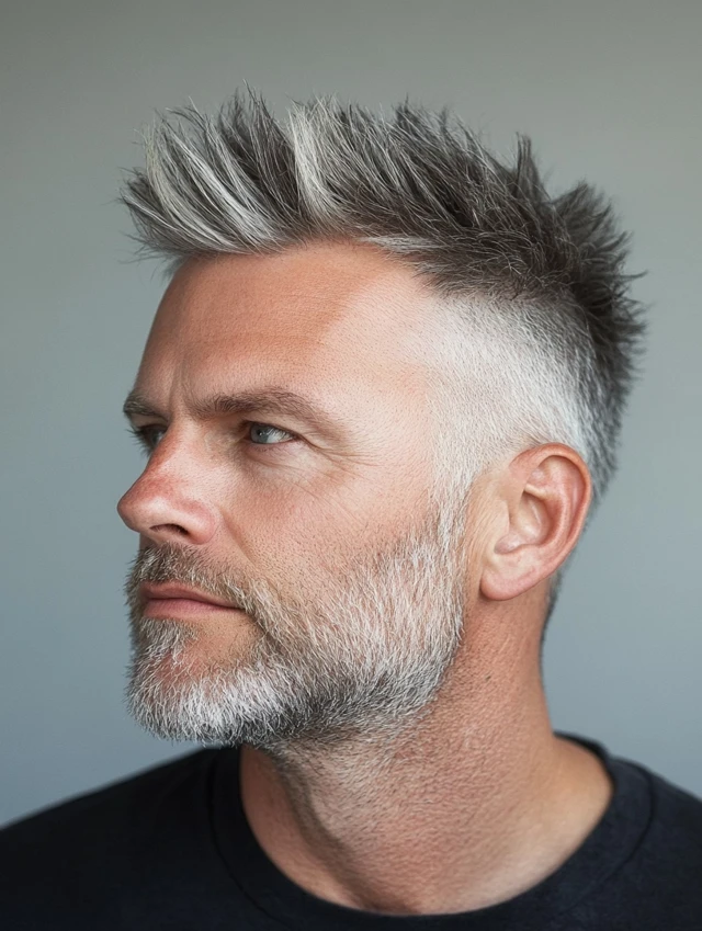 A man over 40 with a short faux hawk hairstyle