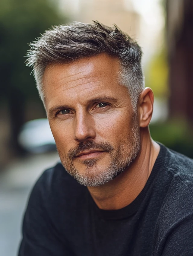 A man over 40 with a short layered cut
