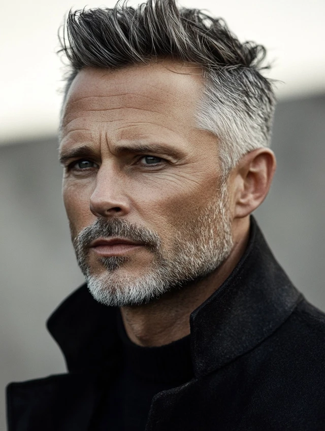 A man over 50 with thinning hair with a short pompadour hairstyle