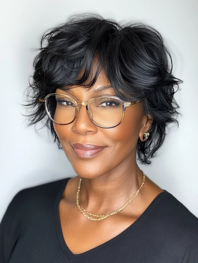 Woman over 40 wearing glasses with a short shag with wispy bangs hairstyle