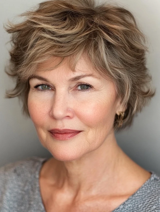 A woman over 60 with a short shag with layers hairstyle