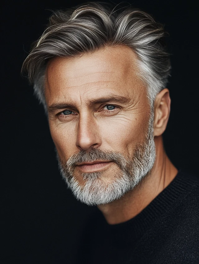 A man over 50 with thinning hair with a classic side part