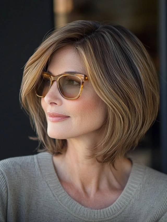 A woman over 40 with a side parted bob hairstyle