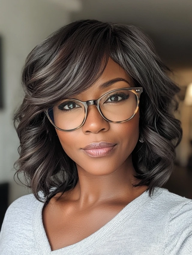 A 40+ woman with side-swept bangs and shoulder-length hair and wearing glasses