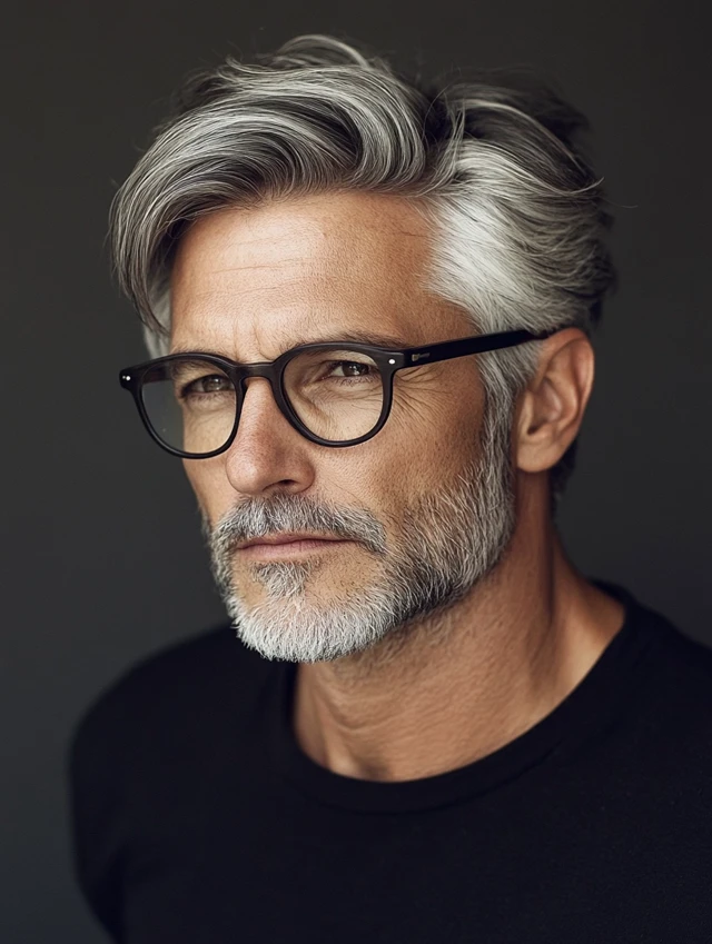 A man over 50 with glasses with a Silver Fox Side Part