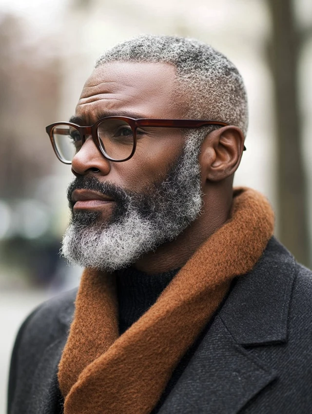 A man over 50 with glasses with a sleek back undercut