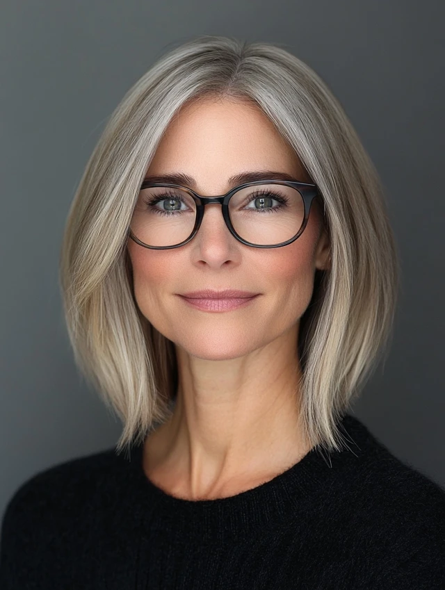 Woman over 40 wearing glasses with a sleek bob with middle part