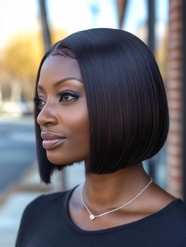 A woman over 40 with a sleek bob hairstyle