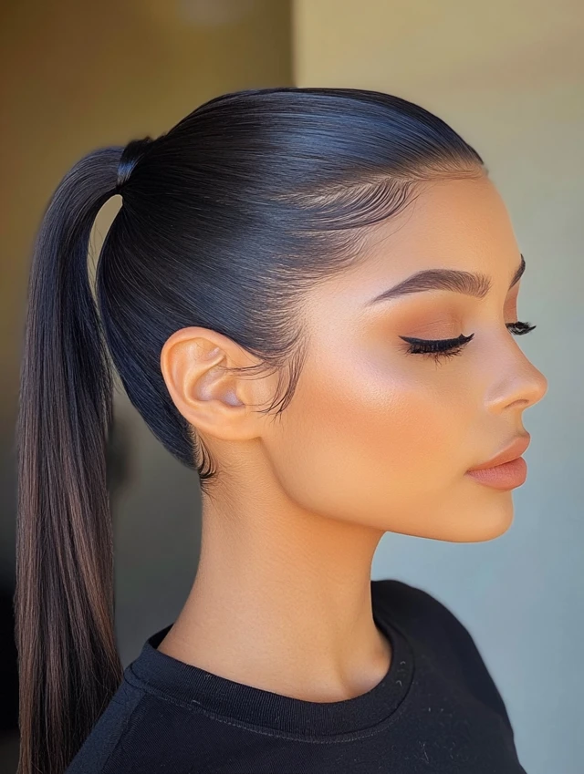 Woman wearing a sleek high ponytail hairstyle