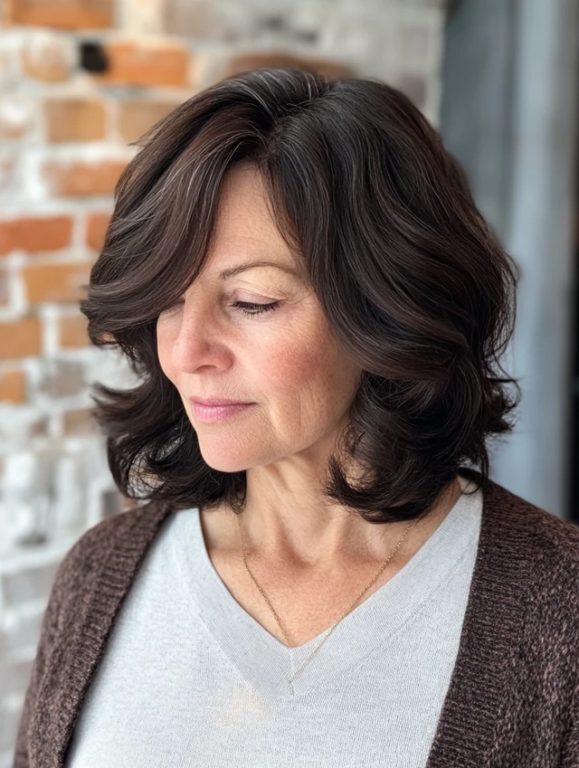 A woman over 60 with a sleek shag hairstyle with side part