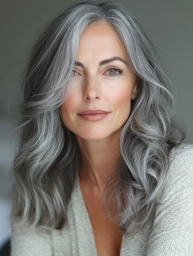 Mature lady with soft gray flow hairstyle