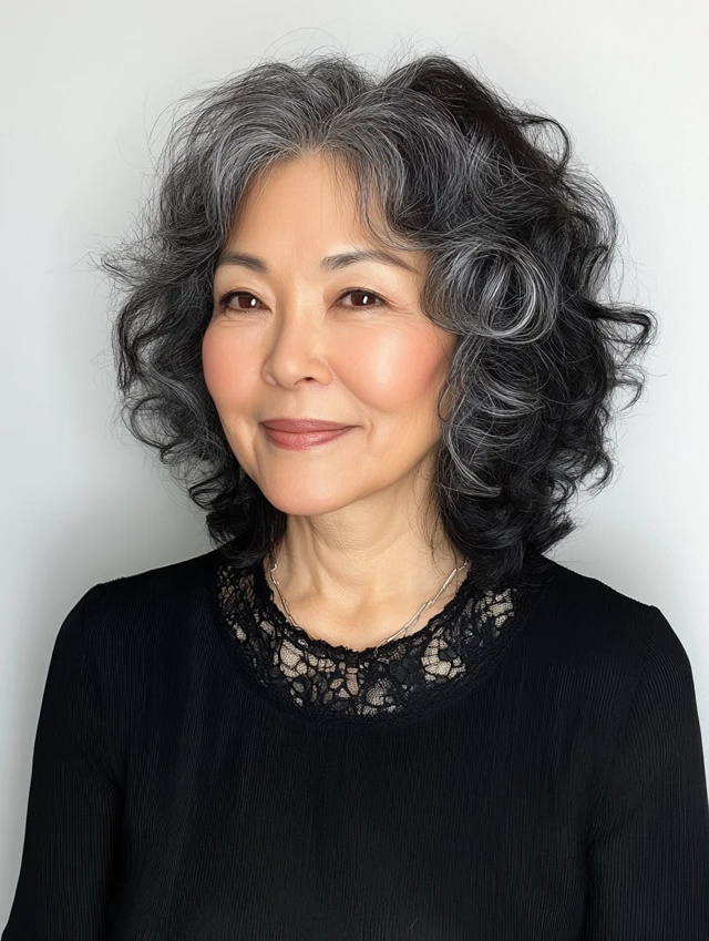 A woman over 60 with a soft curls shag hairstyle