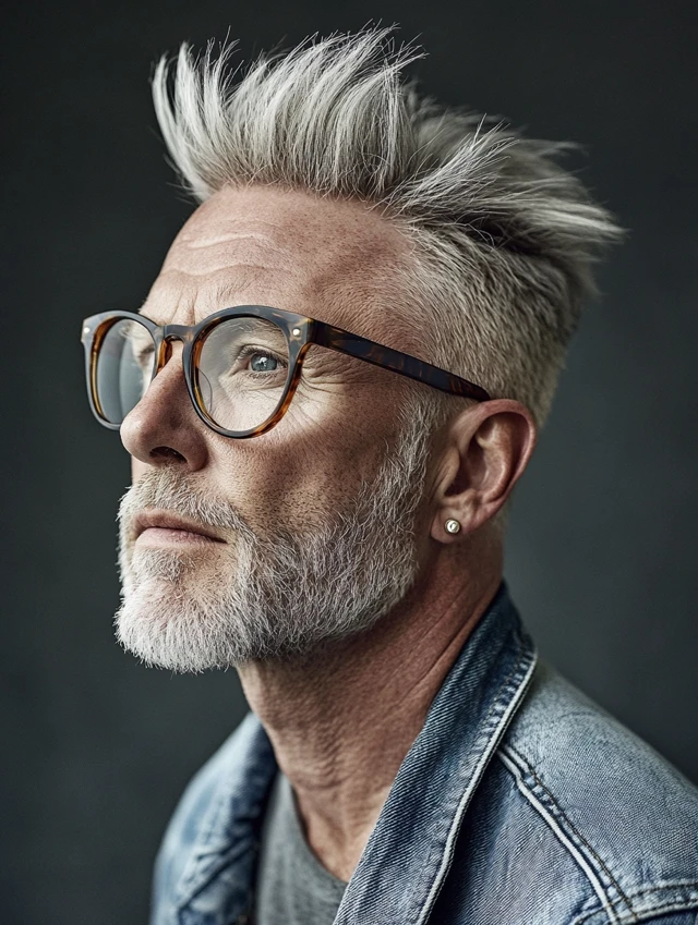 A man over 50 with glasses with a sophisticated faux hawk hairstyle