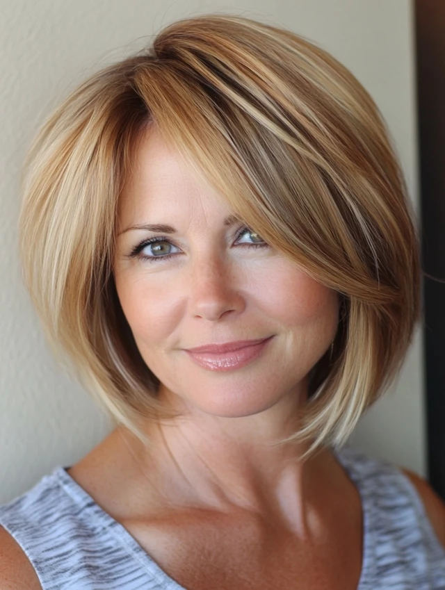 A woman over 40 with a stacked bob hairstyle