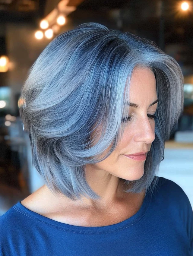 Woman with steel blue accents balayage hairstyle