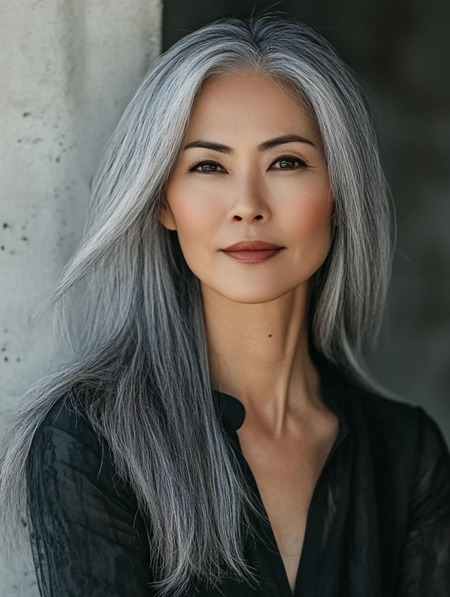 Woman over 40 with gray straight locks