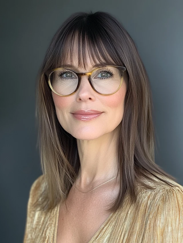 A 40+ woman with glasses smiling and with a Straight Lob with Curtain Bangs haircut