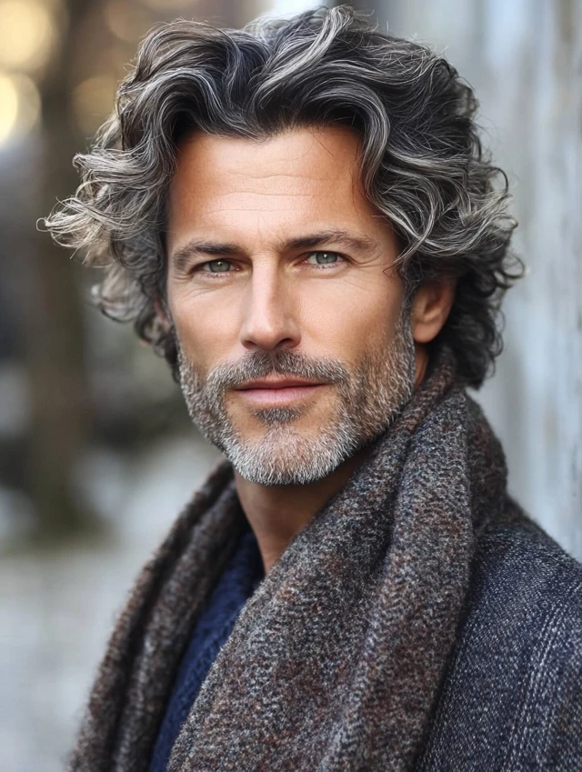 A man over 50 with subtle highlights on curly hair
