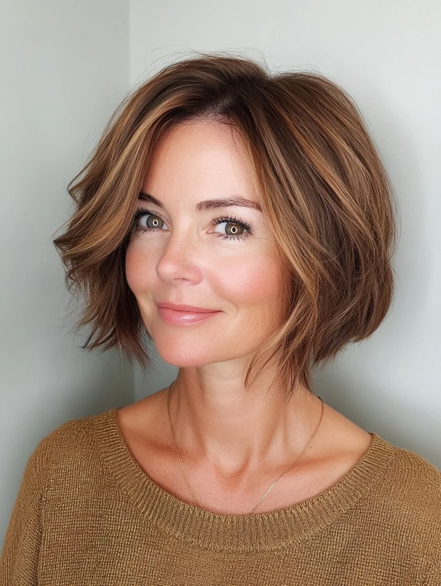 A woman over 40 with a textured bob hairstyle