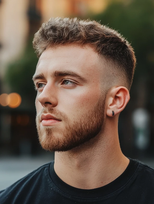 Textured crew cut modeled by a young man