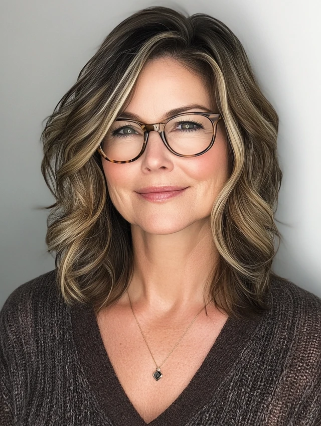 Textured Lob with Balayage Highlights hairstyle on a woman over 40 also wearing glasses