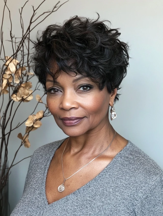 A woman over 60 with a textured pixie shag hairstyle