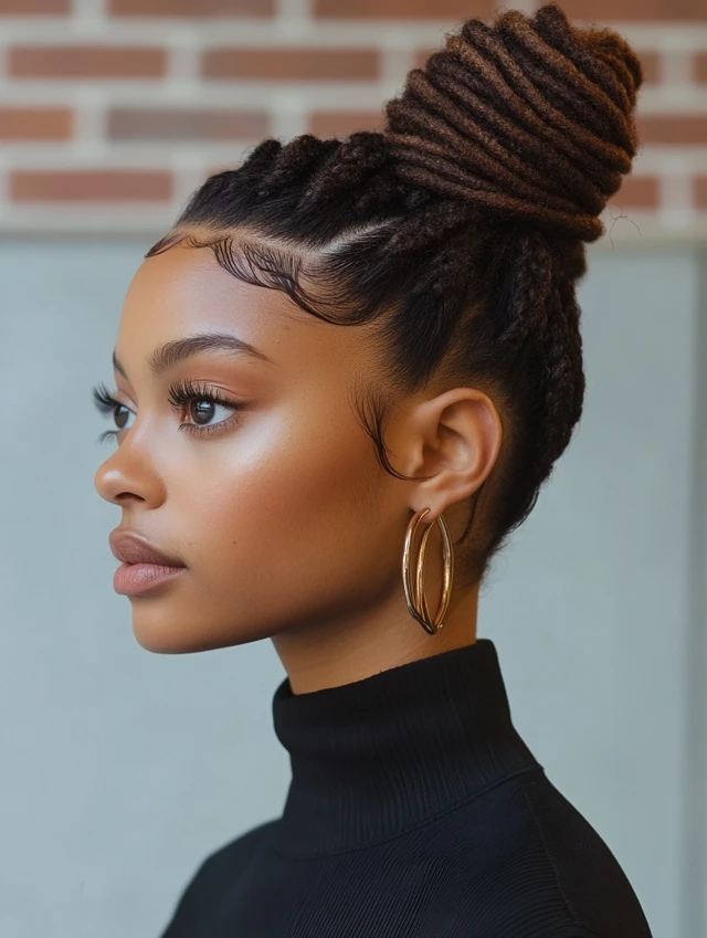 A young black woman with a Top Knot Twist high ponytail for short hair