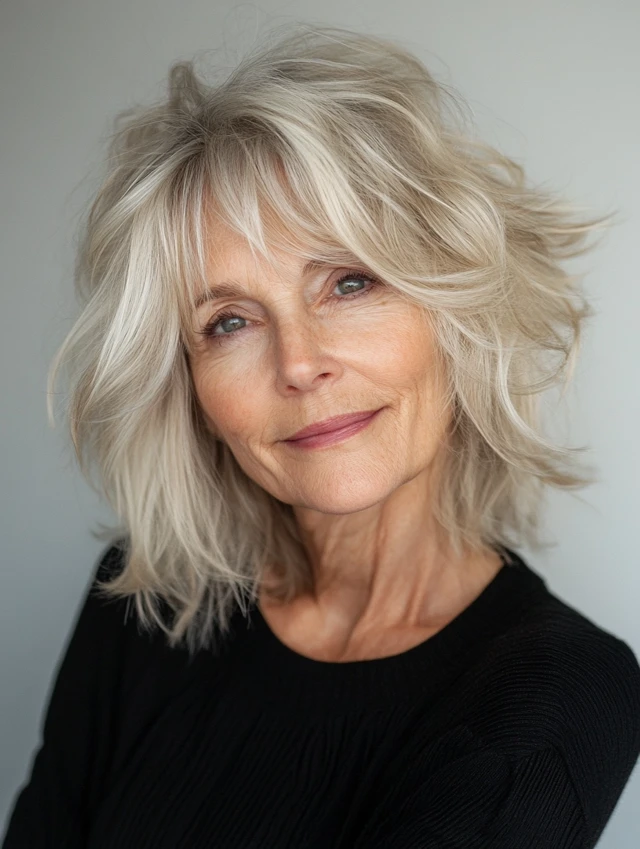 A woman over 60 with a tousled shag with highlights hairstyle