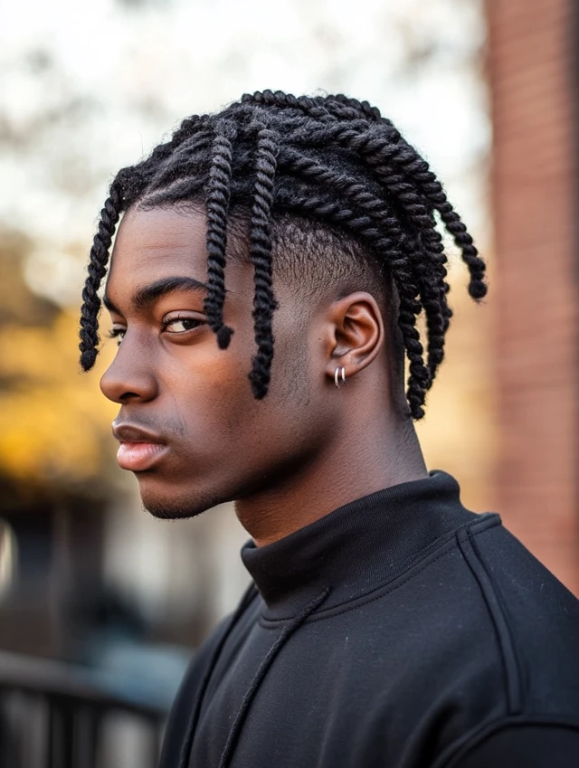 A young man with Twist Braids with Temple Fade
