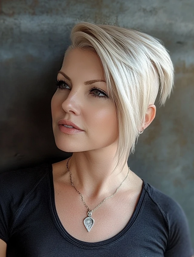A woman over 40 with an undercut bob hairstyle