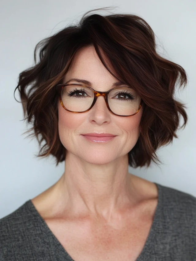 A woman over 40 with a wavy bob and a deep side part and wearing glasses