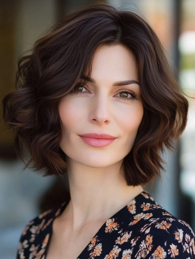 A woman over 40 with a wavy bob hairstyle