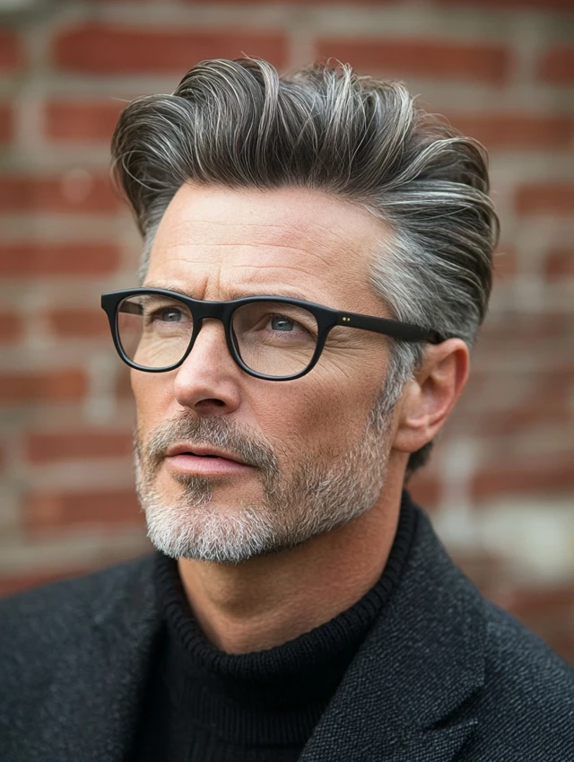A man over 50 with glasses with a wavy pompadour