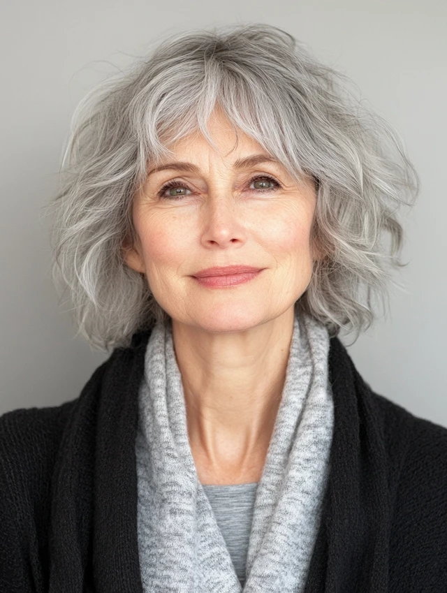 A woman over 60 with a wispy shag with fringe hairstyle