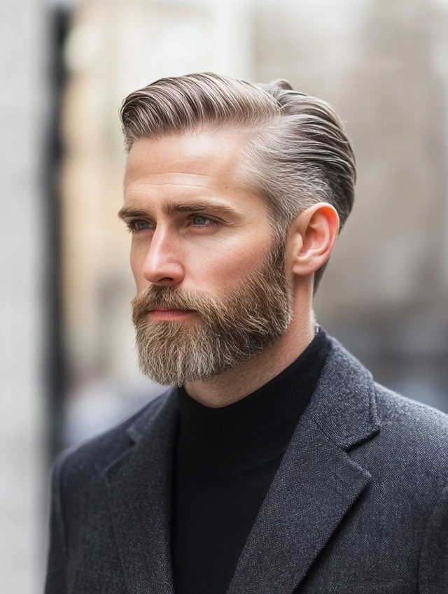 A man over 40 with a short slick back with fade haircut