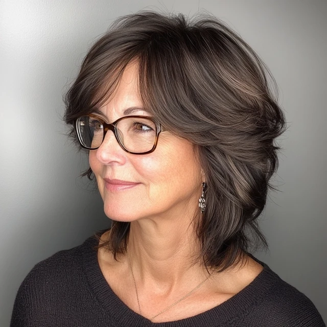 Layered shag woman over 60 with glasses
