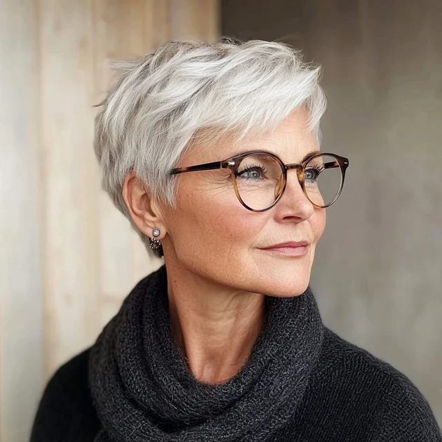 Pixie cut woman over 60 with glasses